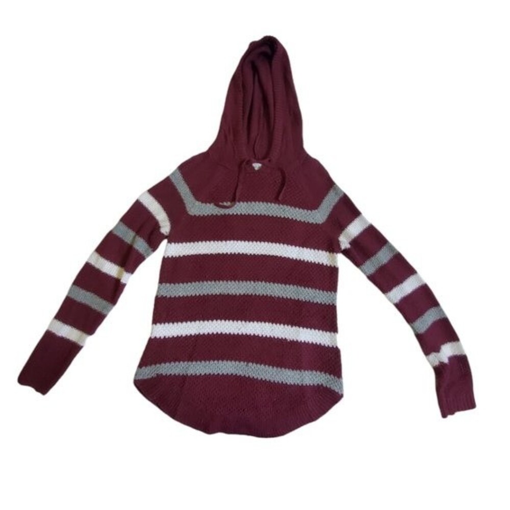 Cloud Chaser dark red, gray, white striped hooded top sz M